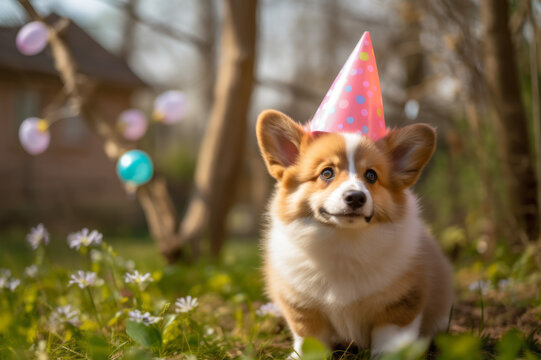 Cute corgi dog with balloons and a party hat. Created using generative AI tools.