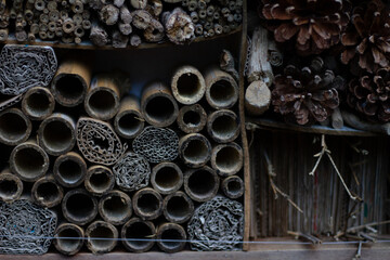 Insect hotel made of different materials for the conservation of insect biodiversity.