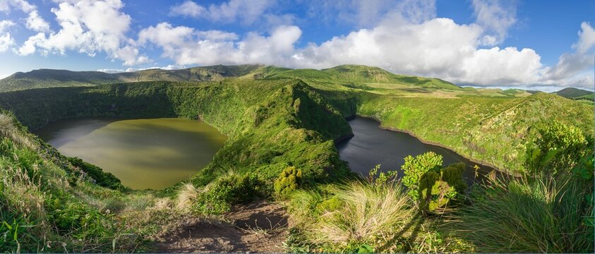 Panorama from Miradouro over Caldeira Negra e Lagoa Comprida, two lakes of volcanic origin on Flores island, Azores islands, Portugal, Atlantic Ocean