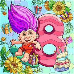 Illustration of gnome and flower with eight number 