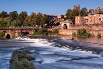 Chester Weir on the River Dee below Bridgegate in autumn, Chester, Cheshire, England, United Kingdom