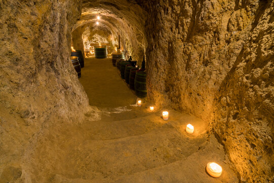 Interior of old wine cellar lit by candles, Vrbice, Breclav District, Moravia