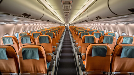 Fototapeta premium rows of seats in airplane. Generative Ai