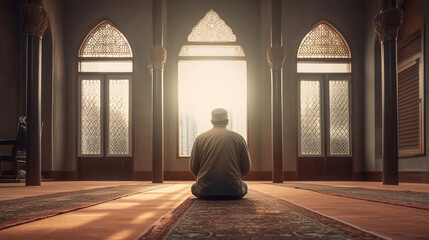 Religious muslim man praying inside the mosque. Generative Ai