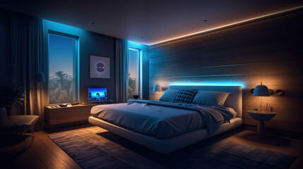 Comfortable bedroom with smart lighting, temperature control, and sleep monitoring