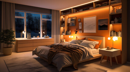 Comfortable bedroom with smart lighting, temperature control, and sleep monitoring