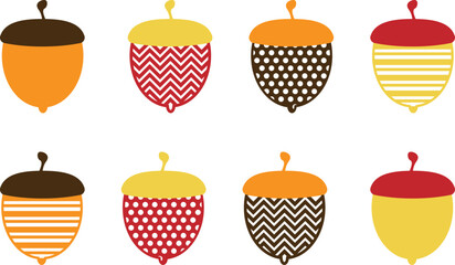 Acorn set of plain and patterned acorns vector illustration collection.