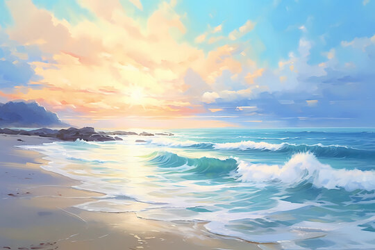 Beach scene painted waves, light colors