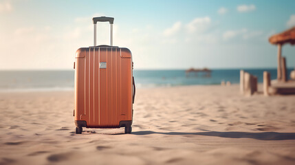 Suitcase with blurred beach background. Business travel concept, Generative AI Technology 