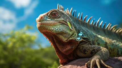Obraz premium portrait of macro shot on iguana head. Generative Ai
