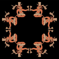 Geometrical ethnic frame with sitting ancient Mayan men holding flowers. Indigenous Native American art. On black background.