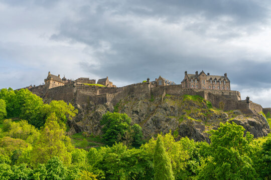 Low angle view of Edinburgh Castle perched on rocks, Edinburgh, Scotland, United Kingdom