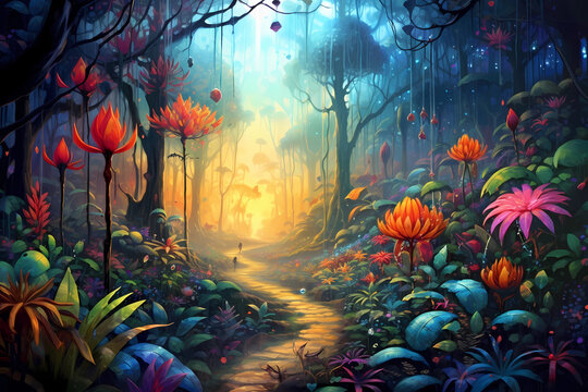 Colorful forest landscape painted scene