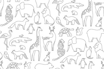 Animal doodle linear seamless pattern. Endless print with parrot squirrel, frog, giraffe. Panda bear penguin. Deer cat turtle fox lion tiger. Mammals characters for repeat baby wallpaper background