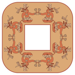 Rectangular ethnic frame with sitting ancient Mayan men holding flowers. Indigenous Native American art.