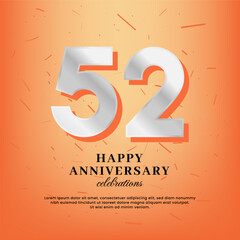 52nd anniversary vector template with a white number and confetti spread on an orange background