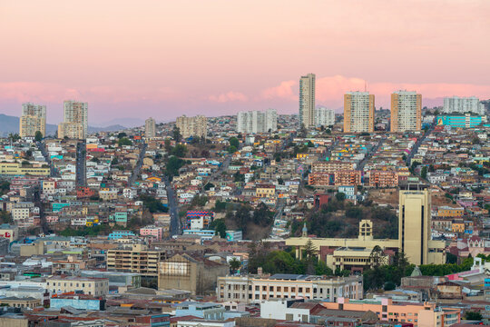 Buildings against sky in Cerro Polanco at sunset, Valparaiso, Valparaiso Province, Valparaiso Region, Chile