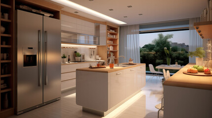 Modern kitchen with voice-activated appliances and smart lighting system