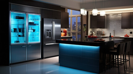 Modern kitchen with voice-activated appliances and smart lighting system