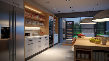 Modern kitchen with voice-activated appliances and smart lighting system