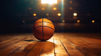 Basketball on wooden floor with stadium background. Generative A