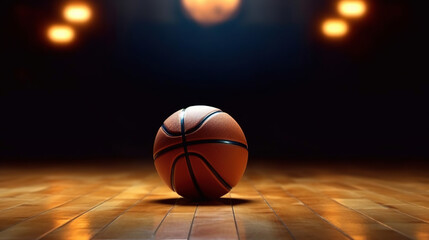 Basketball on wooden floor with stadium background. Generative A