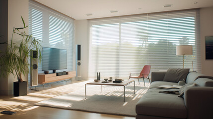 Fototapeta na wymiar Smart living room with voice-controlled entertainment system and automated blinds