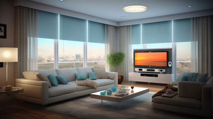 Smart living room with voice-controlled entertainment system and automated blinds