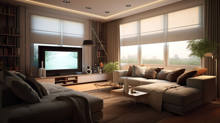 Smart living room with voice-controlled entertainment system and automated blinds