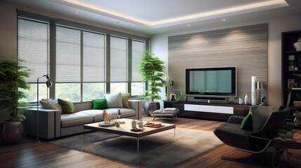 Smart living room with voice-controlled entertainment system and automated blinds