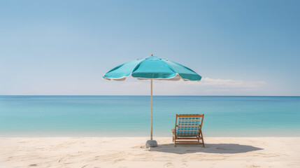 Solitude by the Shore: A Lone Beach Chair and Umbrella Against Turquoise Water, Generative AI