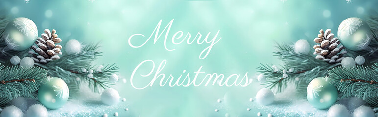 Fototapeta na wymiar Merry Christmas on a pale green background. Postcard. Banner. Lettering Merry Christmas. Generative AI