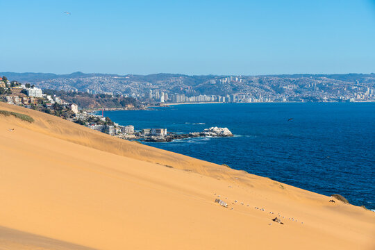 Sand dunes and distant view of Vina del Mar and Valparaiso, Concon, Valparaiso Province, Valparaiso Region, Chile