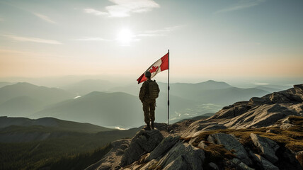Soldier with a rifle and a Canadian flag in the mountains, Canada Soldier, Generative AI - obrazy, fototapety, plakaty