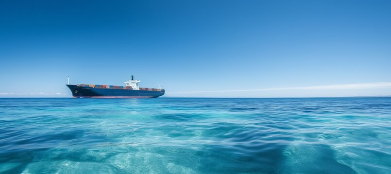 Courier ship transport in clear blue ocean. Delivery nautical transport concept. Generative AI technology.