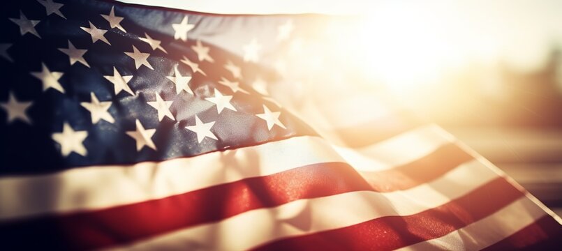American USA flag on shiny afternoon sunset background. 4th of July Memorial or Independence day theme. Generative AI technology.	