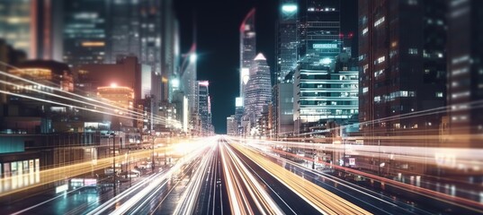 Futuristic cityscape building background. Fast speed light blurred effect. Generative AI