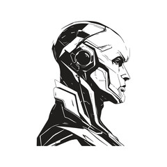 high tech man from future, vintage logo line art concept black and white color, hand drawn illustration