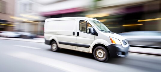 Obraz na płótnie Canvas Delivery white van truck. Cargo courier transport service concept. Motion blur road background. Generative AI technology.
