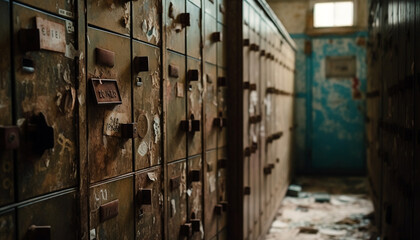Fototapeta na wymiar Rusty metal locker in abandoned factory building generated by AI
