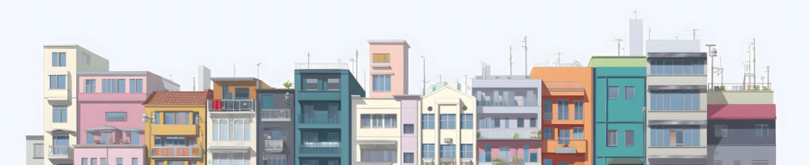 Fototapeta na wymiar 白い背景に彩り豊かな建物が並ぶ No.011 | Colorful Buildings on a White Background Generative AI