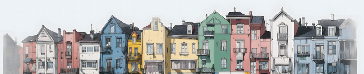 Fototapeta na wymiar 白い背景に彩り豊かな建物が並ぶ No.006 | Colorful Buildings on a White Background Generative AI