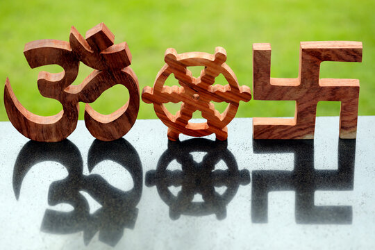 Religious symbols of Buddhism and Hinduism, Dharma wheel, Aum and svastika, faith and spirituality concept, Vietnam