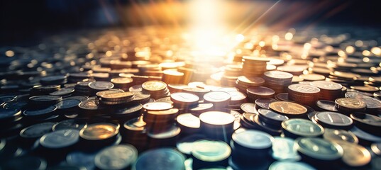 Pile of coin. Finance treasure gold concept. Shiny light background. Generative AI technology. - obrazy, fototapety, plakaty