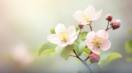 Delicate light pink Japanese plum blossoms against a green blurred background. AI Generated.