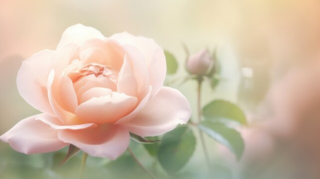Soft pink rose in focus with blurred bud in the background. AI Generated.