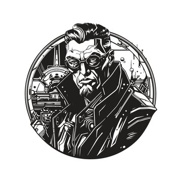 science fiction cyberpunk gangster, vintage logo line art concept black and white color, hand drawn illustration