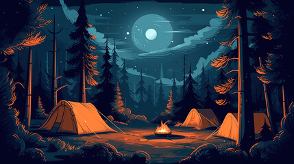 A illustration of cartoon camping. Summer nature scene