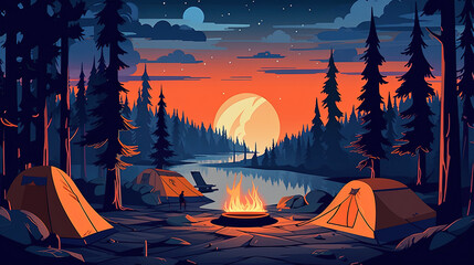 A illustration of cartoon camping. Summer nature scene