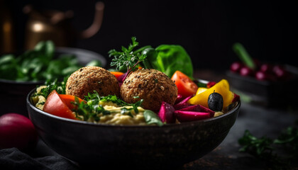 A gourmet salad bowl with fresh organic vegetables and herbs generated by AI
